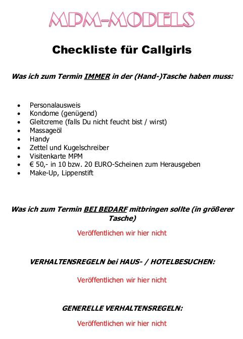 Hier unsere Checkliste für Callgirls für ihre Termine.
