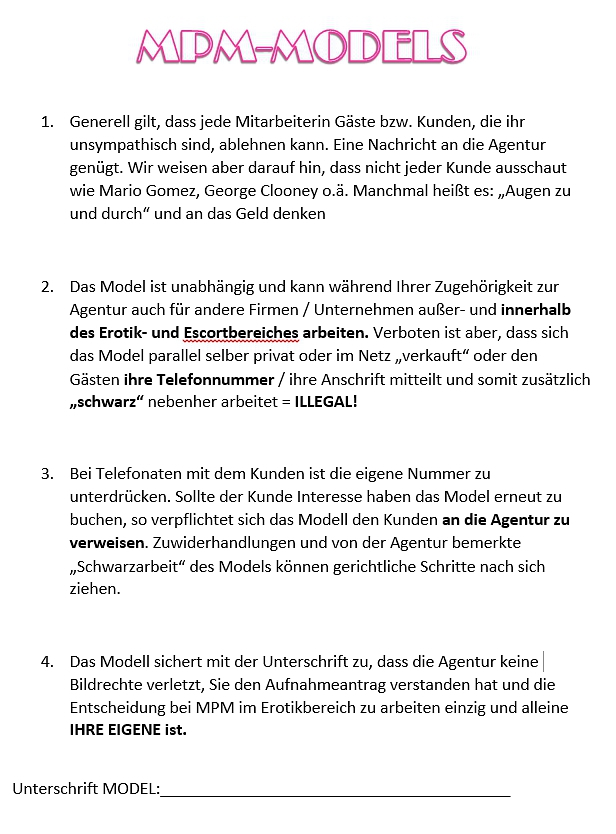 Auszug aus dem Vertrag mit Callgirls von den MPM-MODELS.